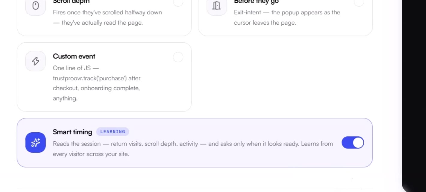 trustproovr smart-timing triggers — sessions, dwell, scroll, custom events
